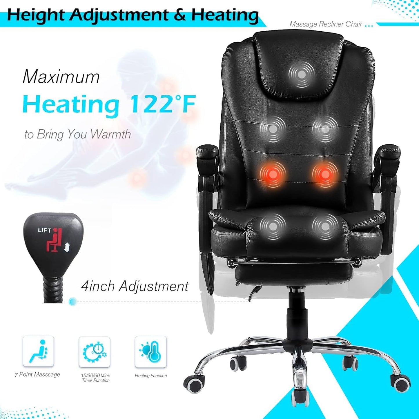 YODOLLA Adjustable Office Chair with Foot Rest, Heat and 7 Points Vibration Massage
