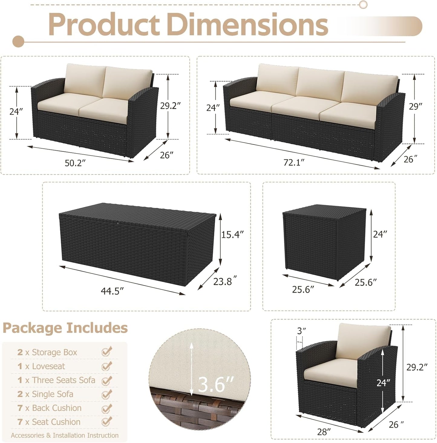 YODOLLA 7 PCS Outdoor Patio Furniture Sets with 2 Storage Boxes, Black & Beige