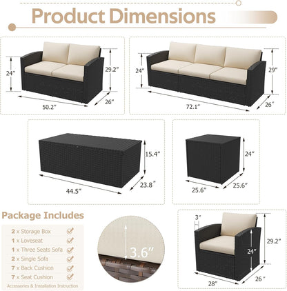 YODOLLA 7 PCS Outdoor Patio Furniture Sets with 2 Storage Boxes, Black & Beige