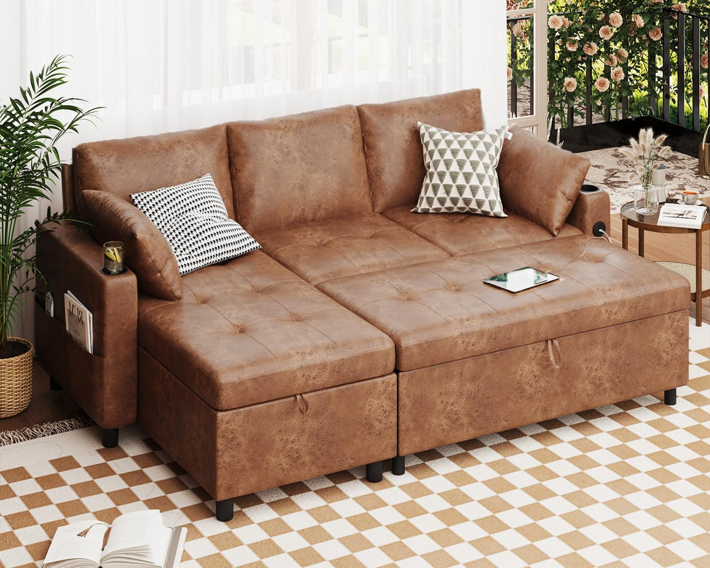 YODOLLA Faux Leather L-Shaped Sleeper Sofa, Pullout Bed, USB & Storage, Brown