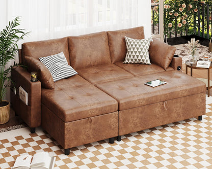 YODOLLA Faux Leather L-Shaped Sleeper Sofa, Pullout Bed, USB & Storage, Brown