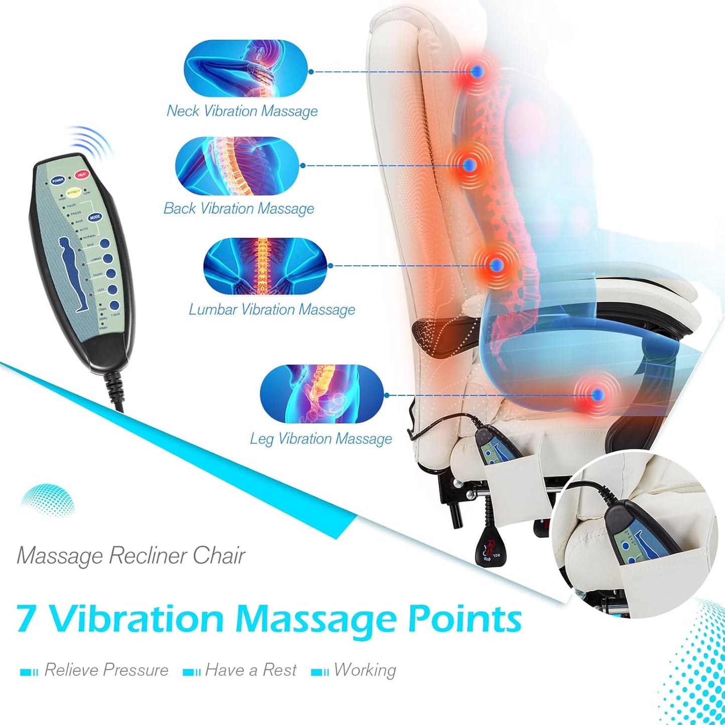 YODOLLA Massage Office Chair with Heat w/Retractable Footrest, Cream White