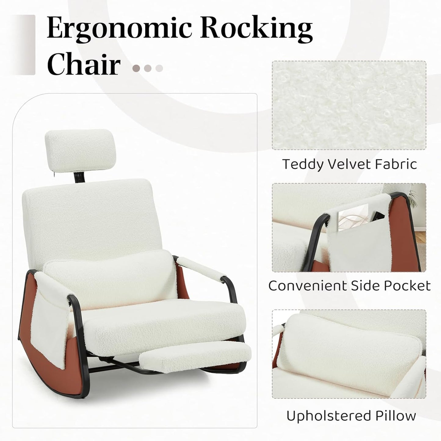 YODOLLA Retractable Gliding Rocking Chair, White Teddy Velvet Farbic