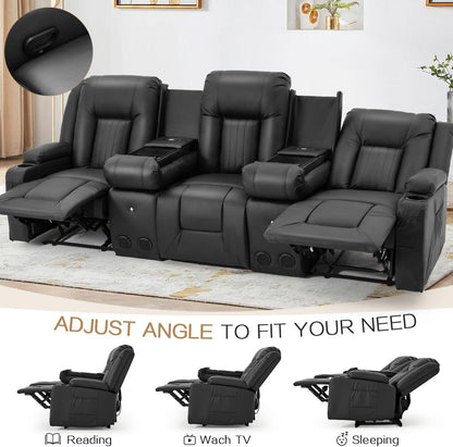 YODOLLA Faux Leather Recliner Sofa w/ 2 Consoles, Black