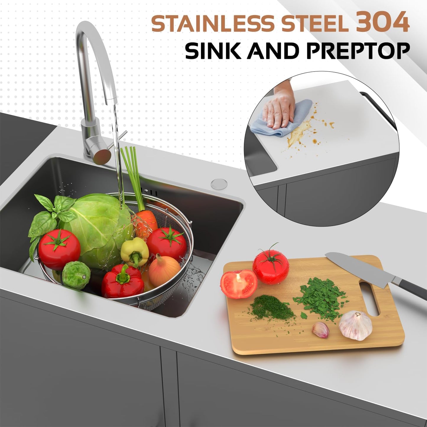 YODOLLA Grill Table with Sink, Stainless Steel Kitchen Island Cabinets Sink Station