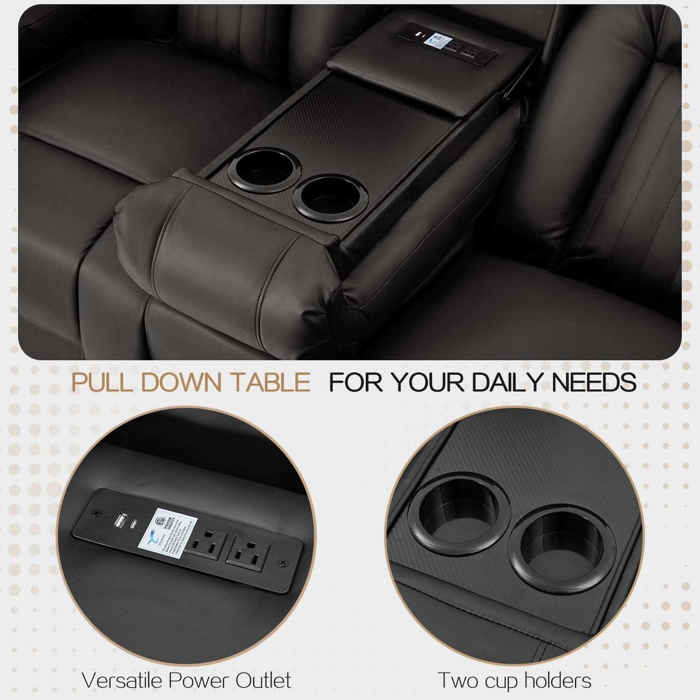 YODOLLA Faux Leather Recliner Sofa w/ 2 Consoles, Black