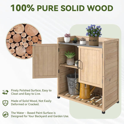 YODOLLA Potting Bench, Outdoor Wooden Storage Cabinet with Adjustable Shelf