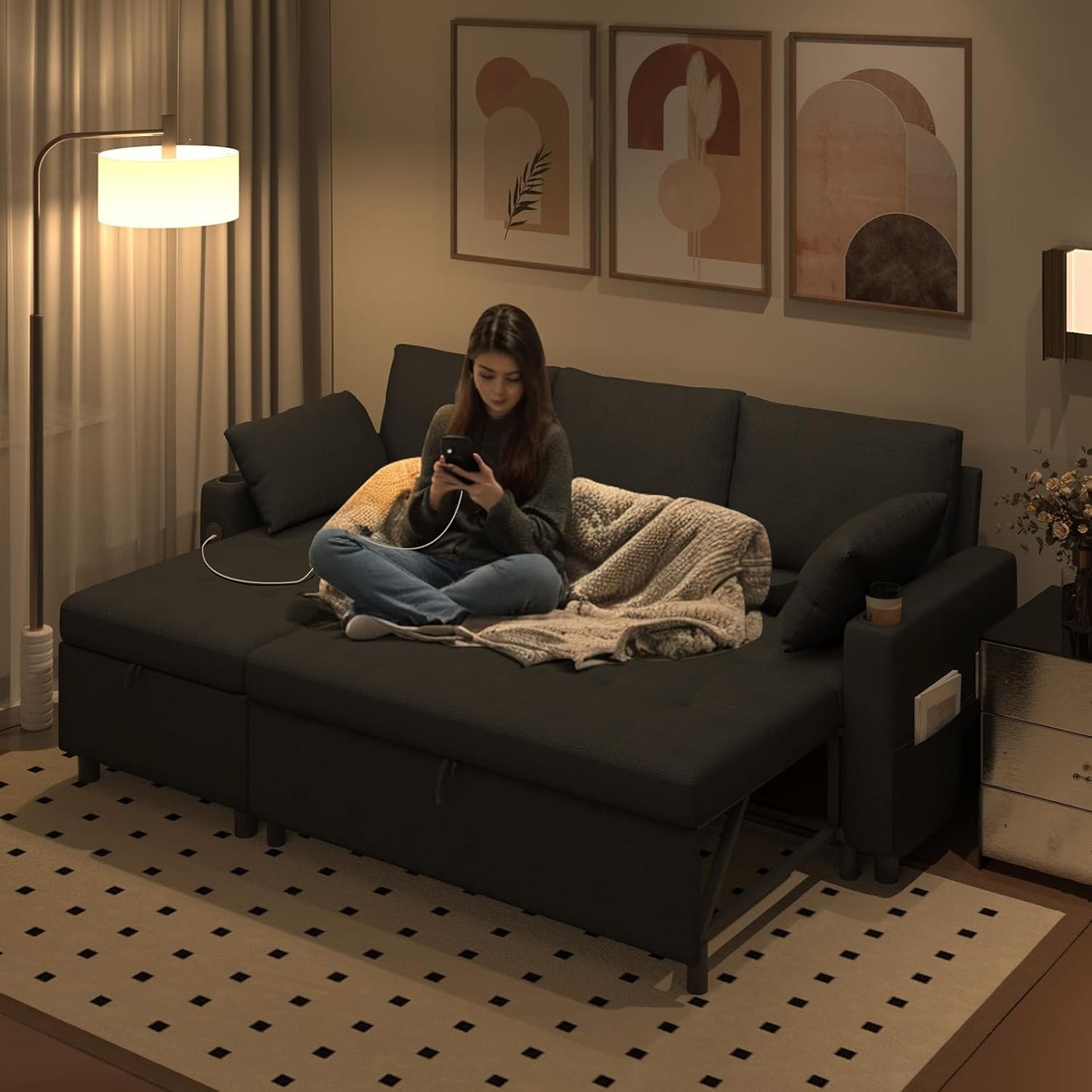 YODOLLA L-Shaped Sleeper Sofa, Pullout Bed, USB & Storage, Black