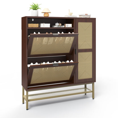 YODOLLA Rattan Shoe Cabinet with 3 Flip Drawers, Brown