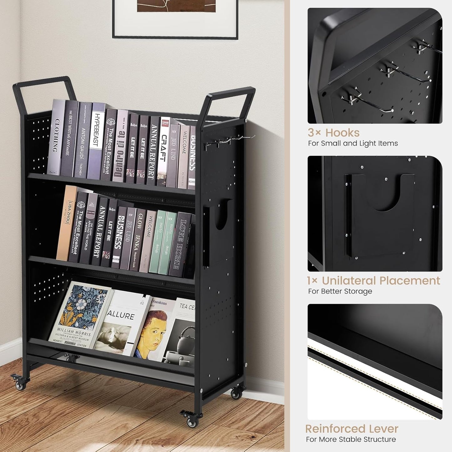 YODOLLA Book Cart with Wheels, 352LBS Rolling Bookshelf Utility Cart