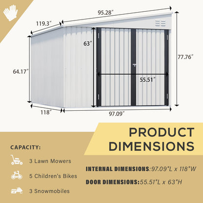 YODOLLA 8x10 Lean-to Shed, Outdoor Storage Shed, White