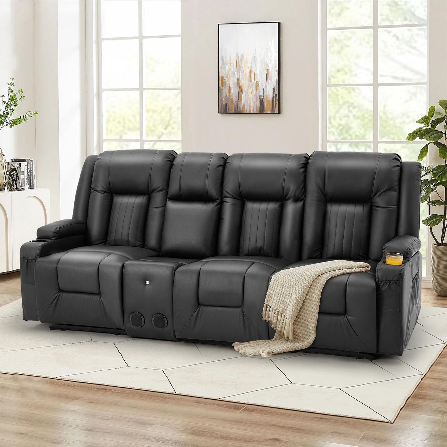 YODOLLA Black Reclining Sofa w/ Bluetooth, Black