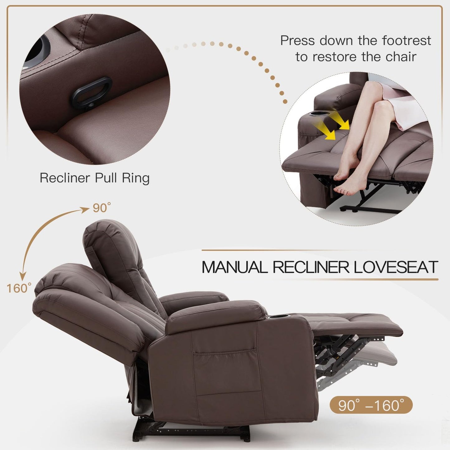 YODOLLA 2-Seat Recliner Sofa, Faux Leather, Cup Holders, Brown