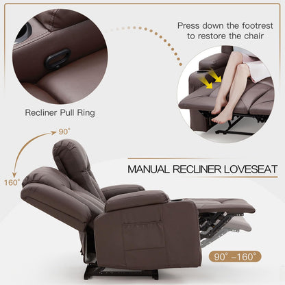 YODOLLA 2-Seat Recliner Sofa, Faux Leather, Cup Holders, Brown