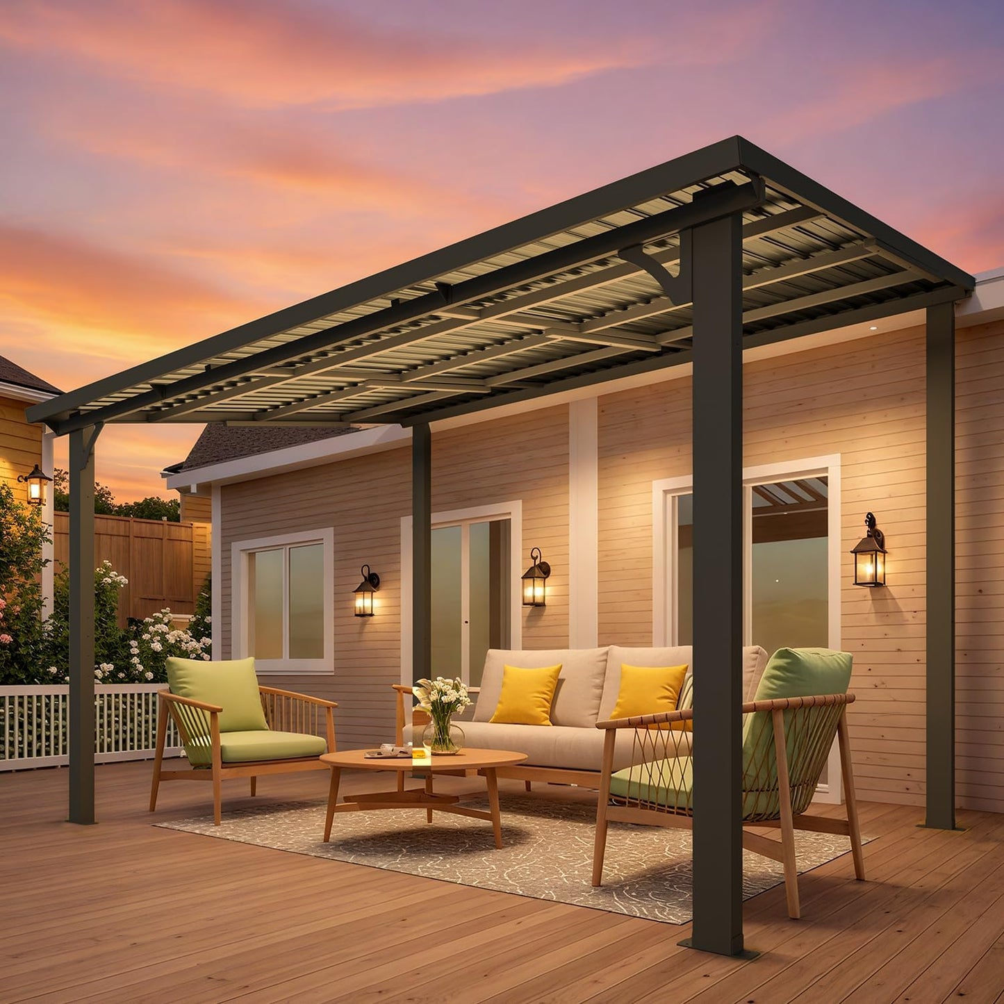 YODOLLA Hardtop Gazebo, Wall-Mounted Lean to Metal Awnings Pergola