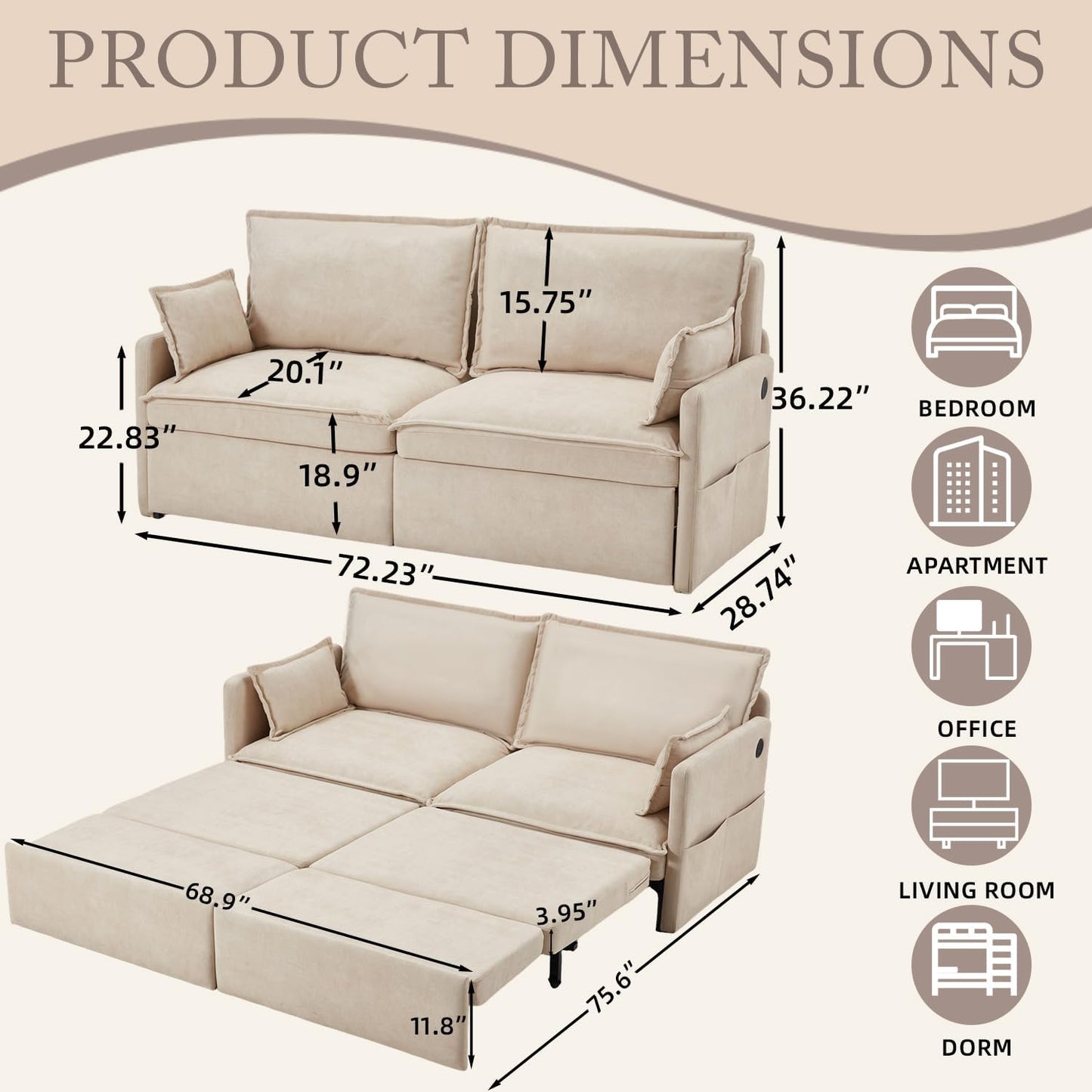 YODOLLA 72" 3 in 1 Sofa Bed Pull Out Couch Sleeper Sofa Bed