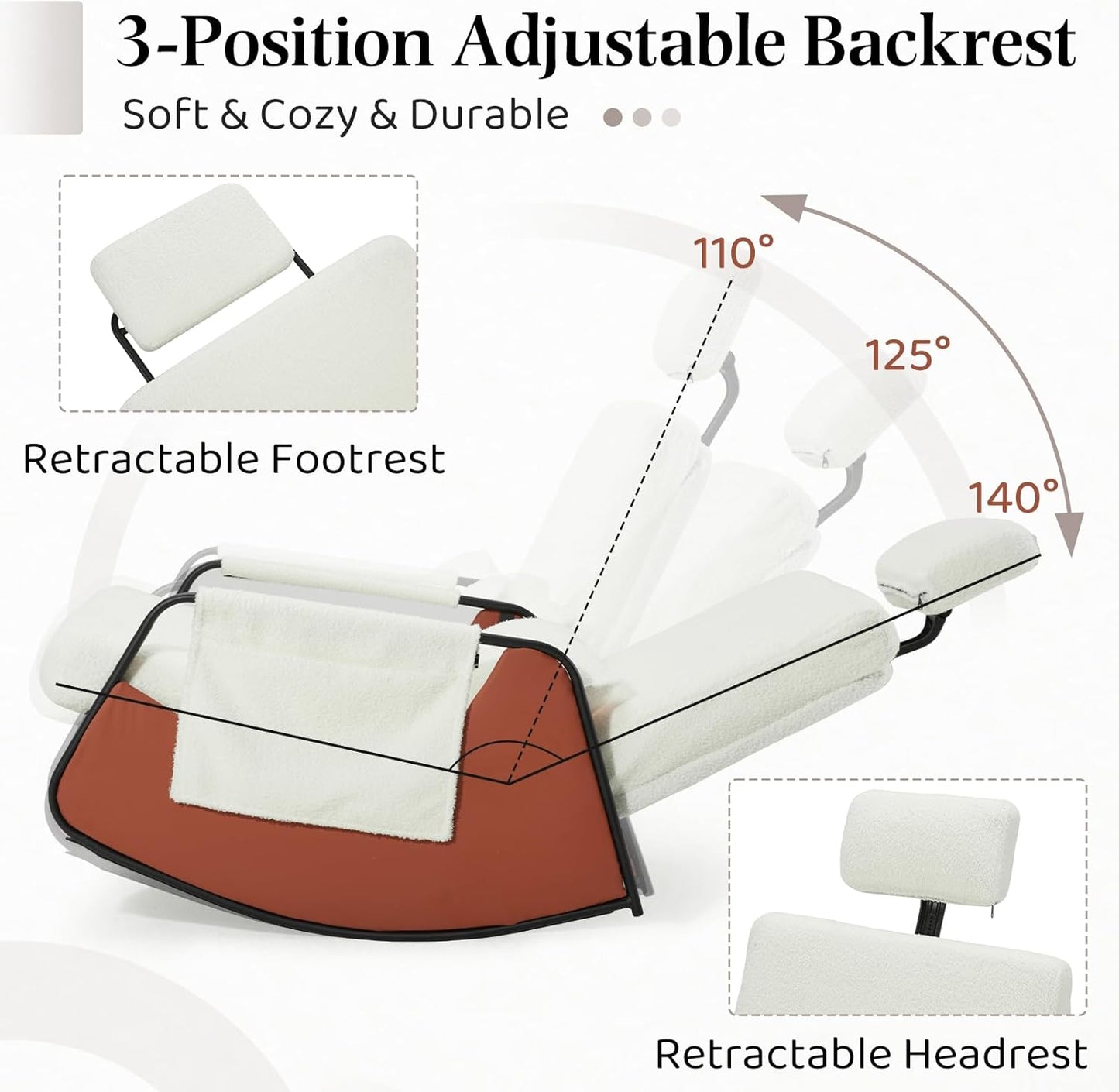 YODOLLA Retractable Gliding Rocking Chair, White Teddy Velvet Farbic