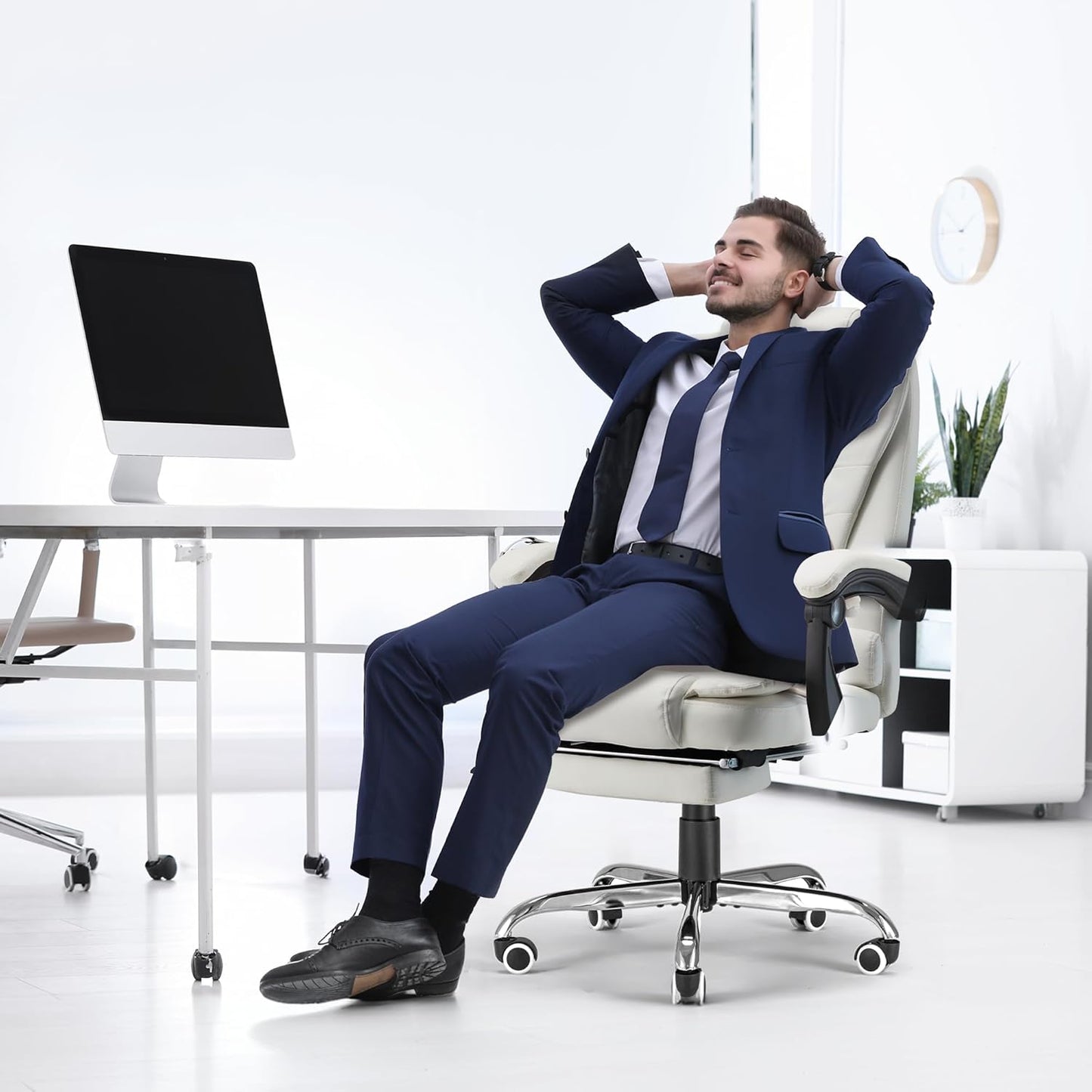 YODOLLA Massage Office Chair with Heat w/Retractable Footrest, Cream White