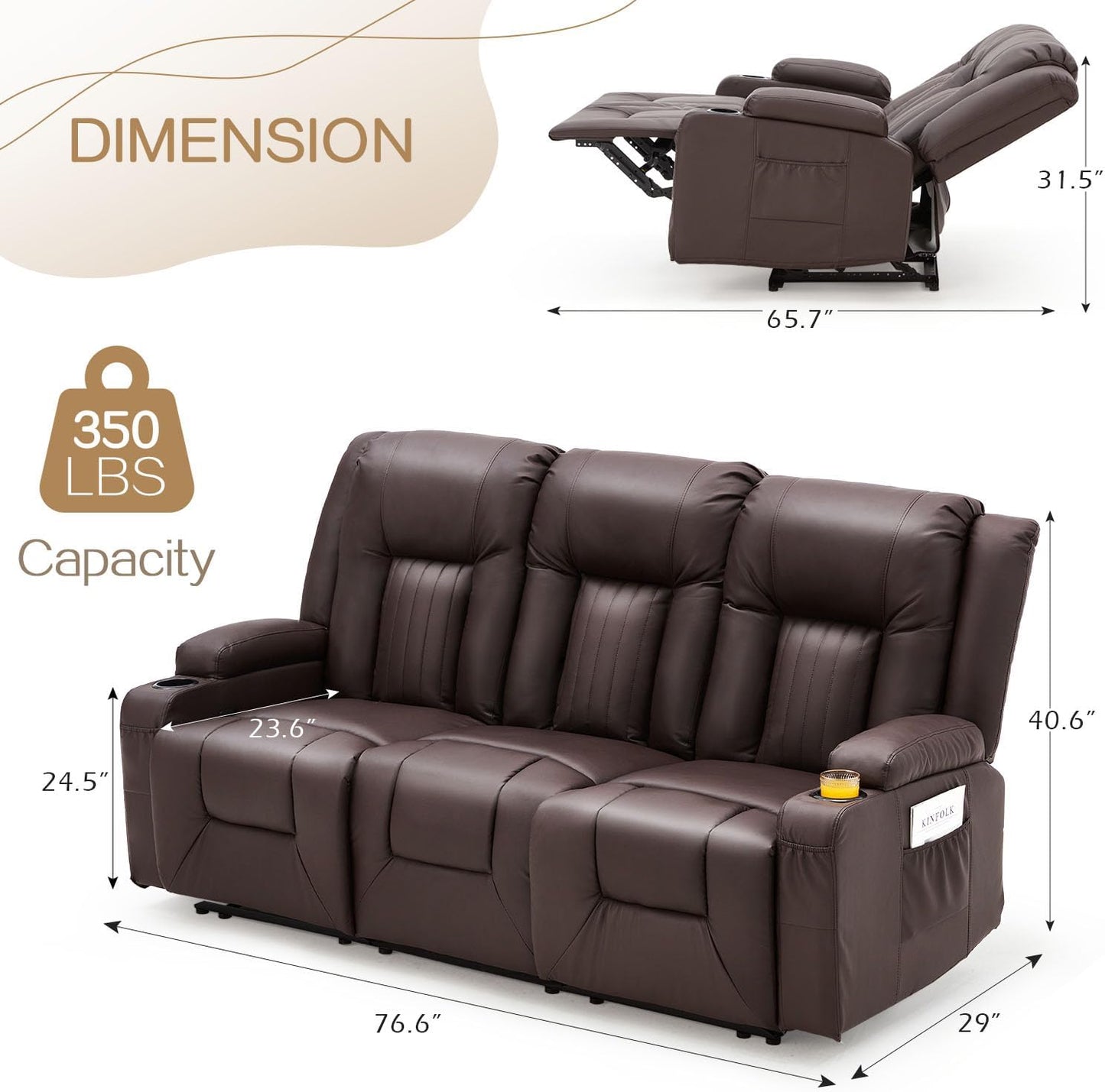 YODOLLA Home Theater Seating, 2-Cup Holders, Brown