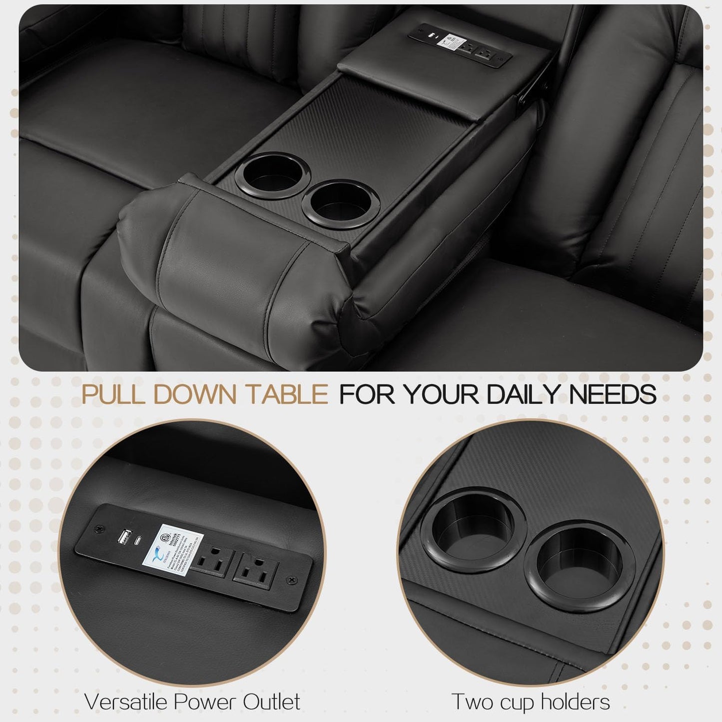 YODOLLA Faux Leather RV Loveseat w/ Console & USB, Black