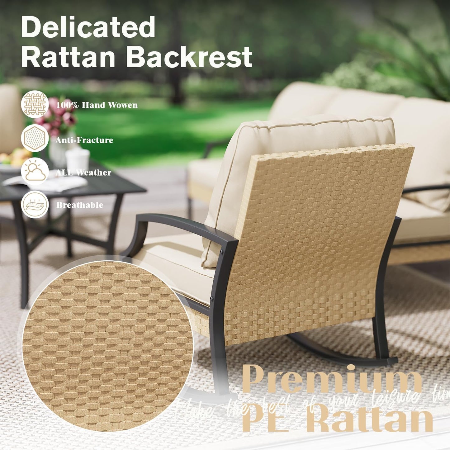 YODOLLA Outdoor Patio Furniture Set, 4 Piece Rattan Conversation Bistro Set with Coffee Table