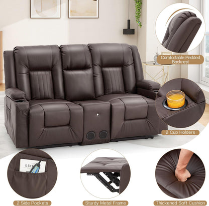 YODOLLA Faux Leather Recliner Sofa w/ Console, Brown