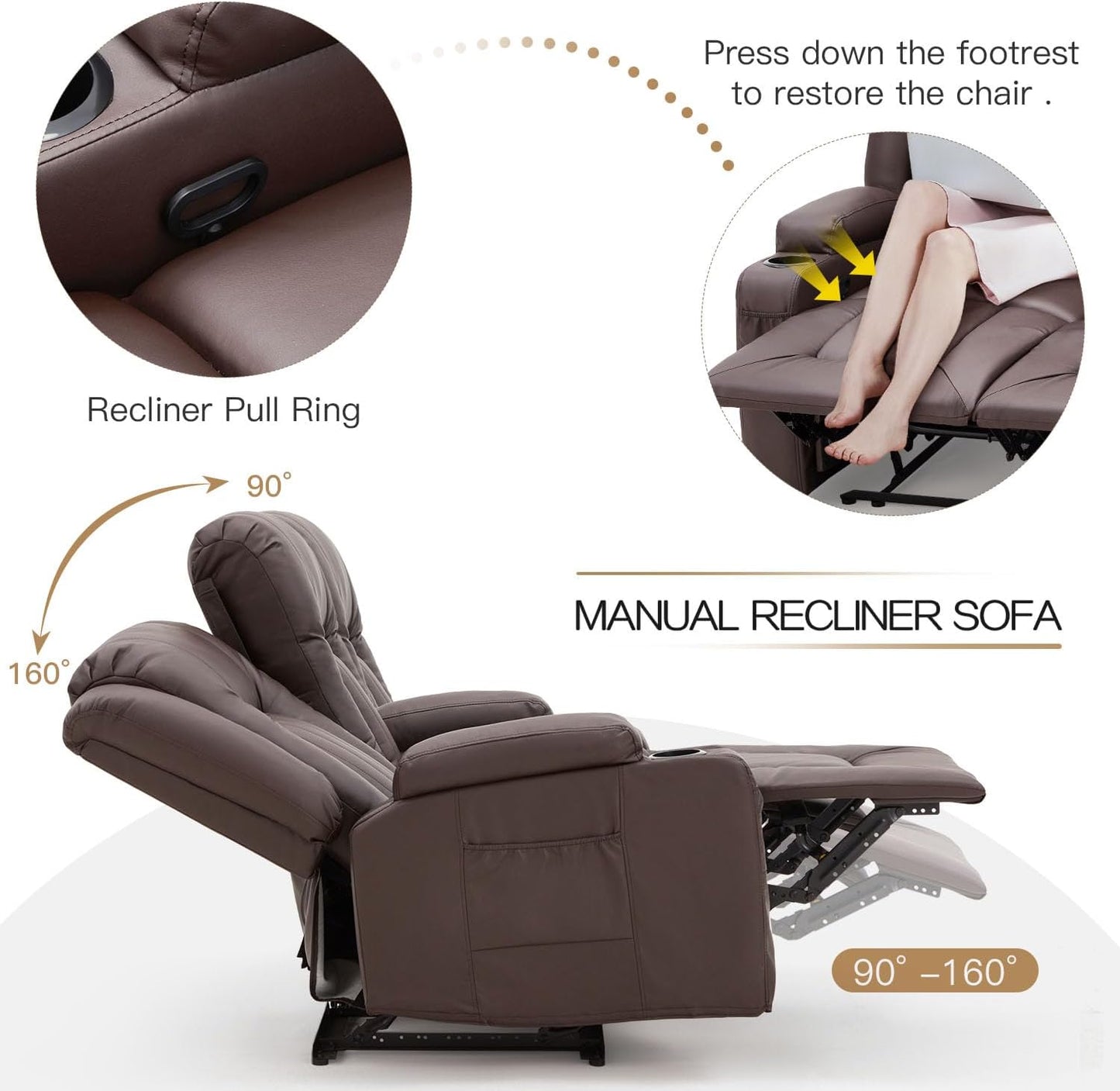 YODOLLA Home Theater Seating, 2-Cup Holders, Brown