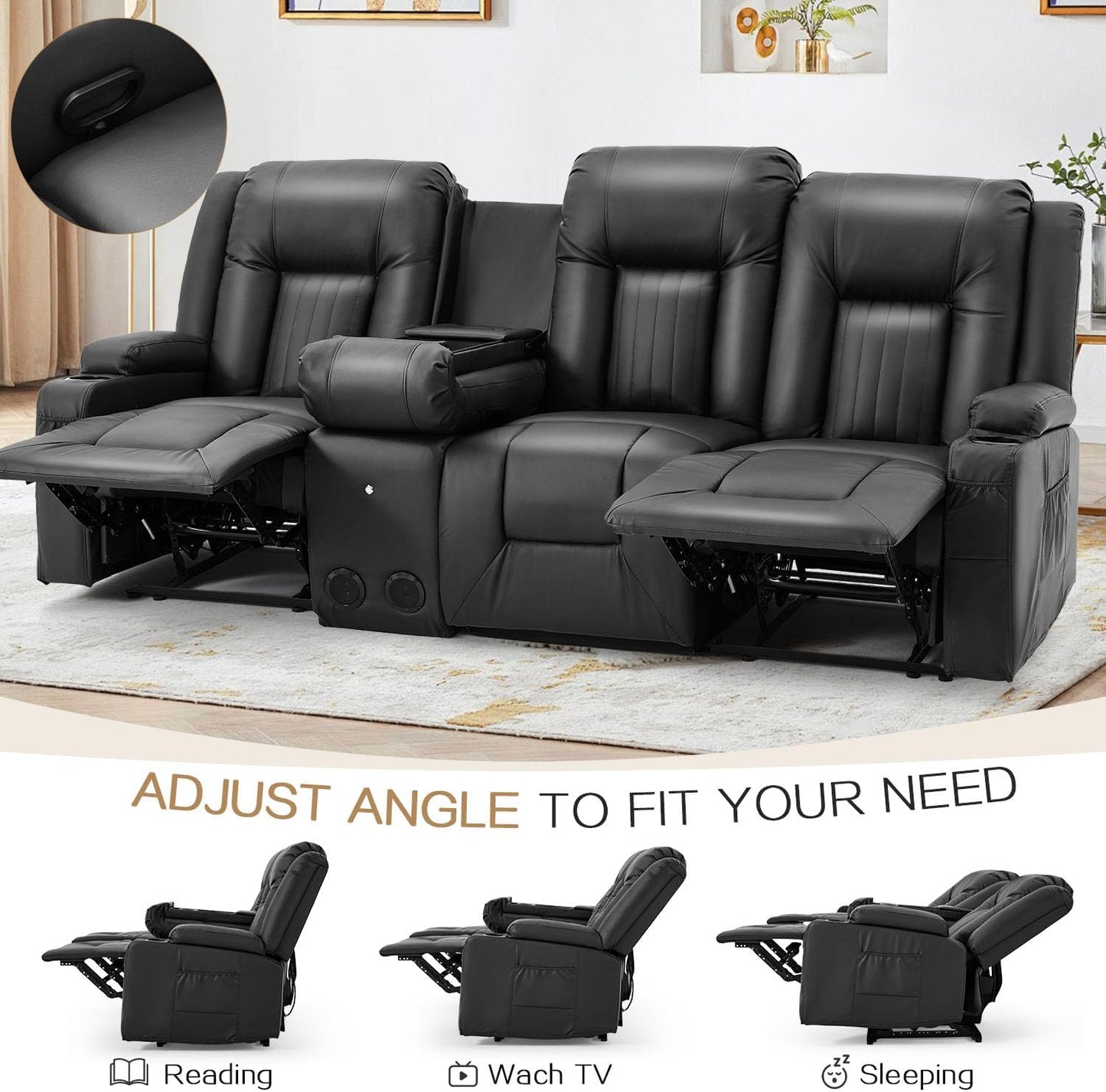 YODOLLA Black Reclining Sofa w/ Bluetooth, Black