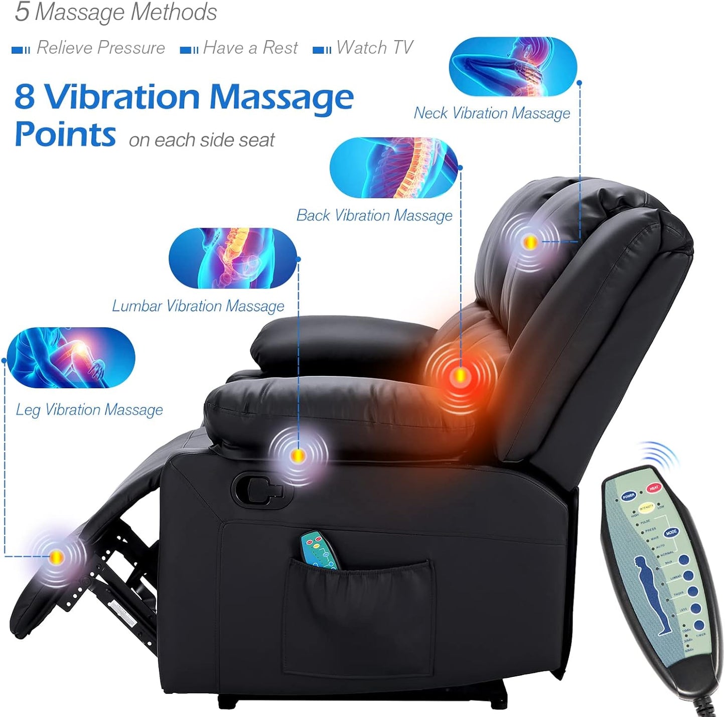 YODOLLA 3 PCS Recliner Sofa Set Overstuffed Leather Reclining Sofa, Black