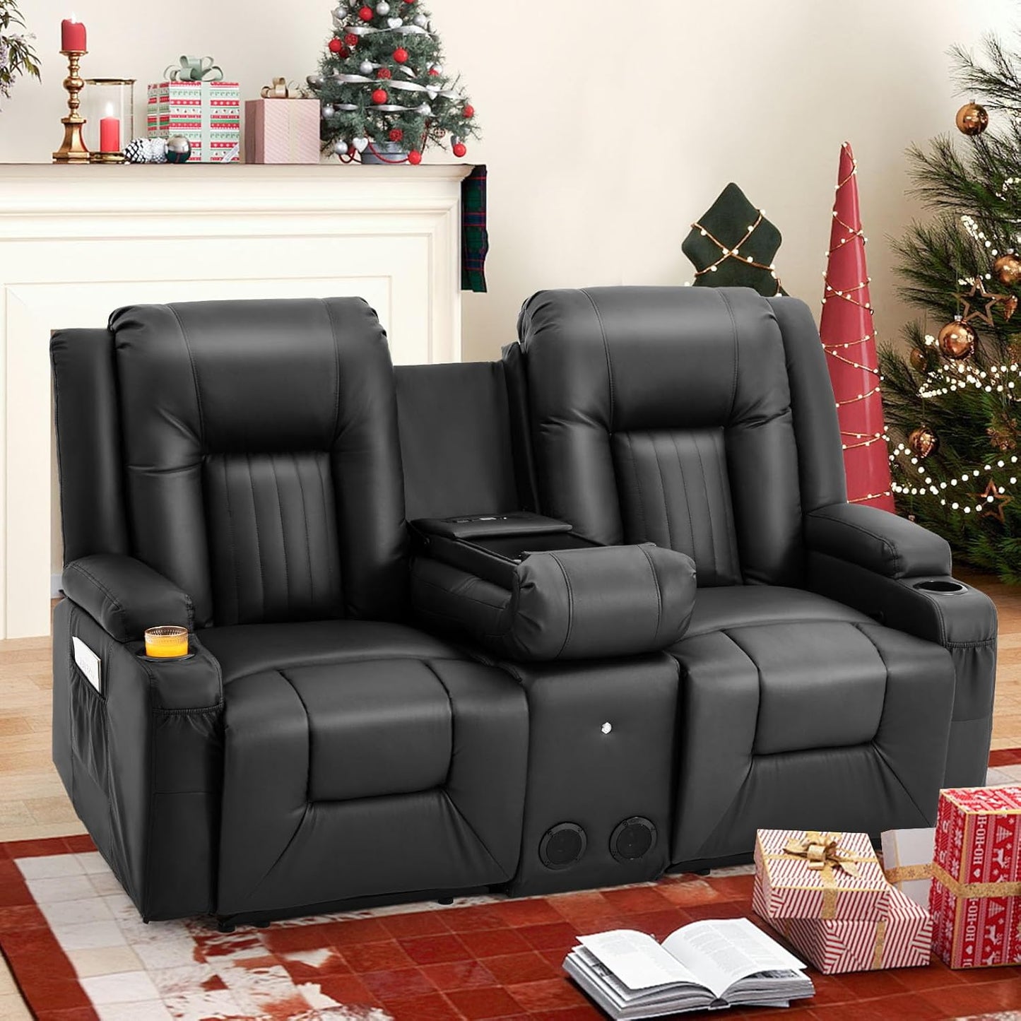 YODOLLA Faux Leather RV Loveseat w/ Console & USB, Black