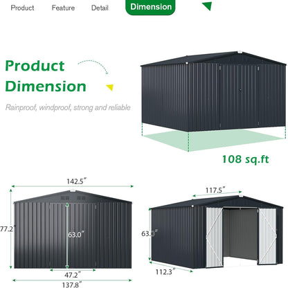 YODOLLA Shed 12' x 10' Outdoor Storage Shed, Dark Grey