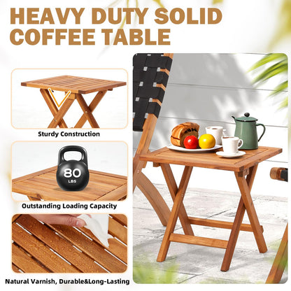 YODOLLA 3 Piece Patio Furniture Set, Acacia Wood Bistro Set with Coffee Table & Folding Chairs