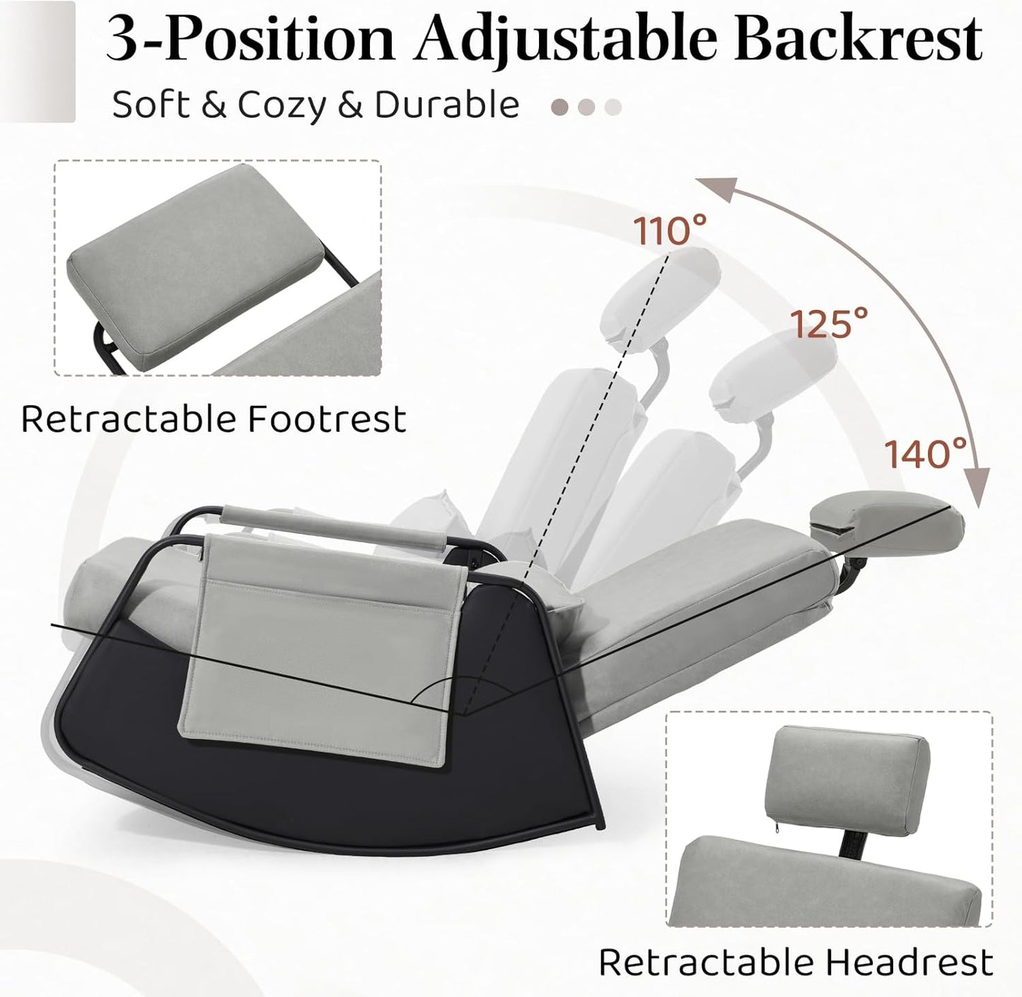 YODOLLA Retractable Gliding Rocking Chair, Gray Leather