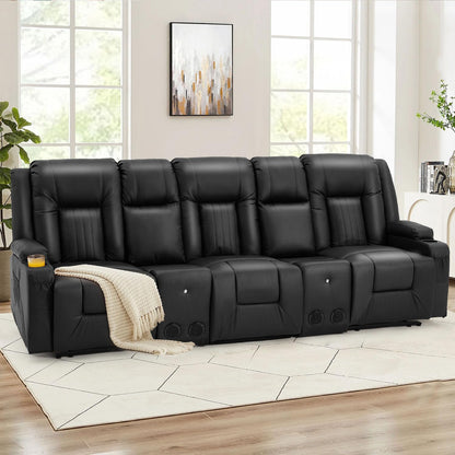YODOLLA Faux Leather Recliner Sofa w/ 2 Consoles, Black
