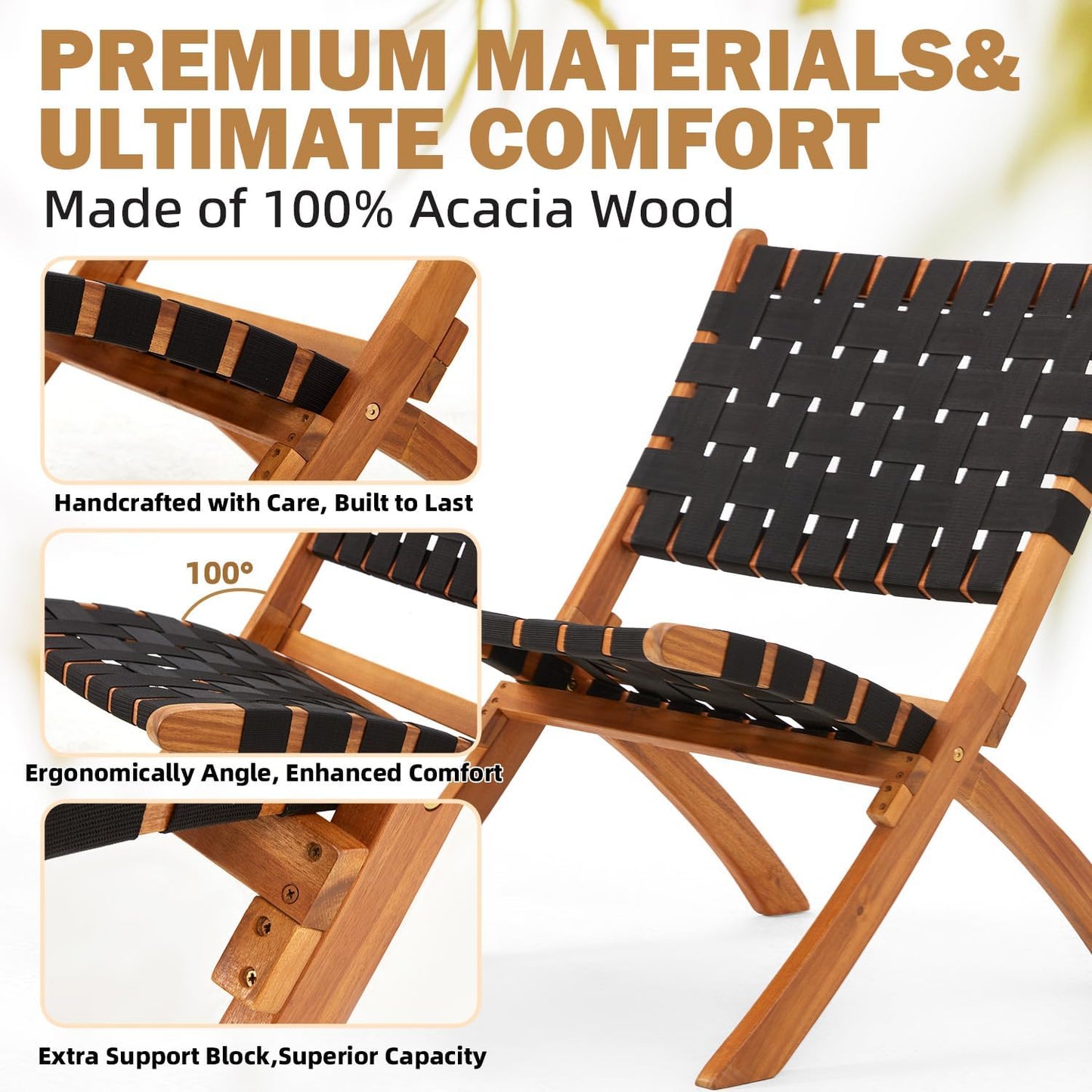 YODOLLA 3 Piece Patio Furniture Set, Acacia Wood Bistro Set with Coffee Table & Folding Chairs