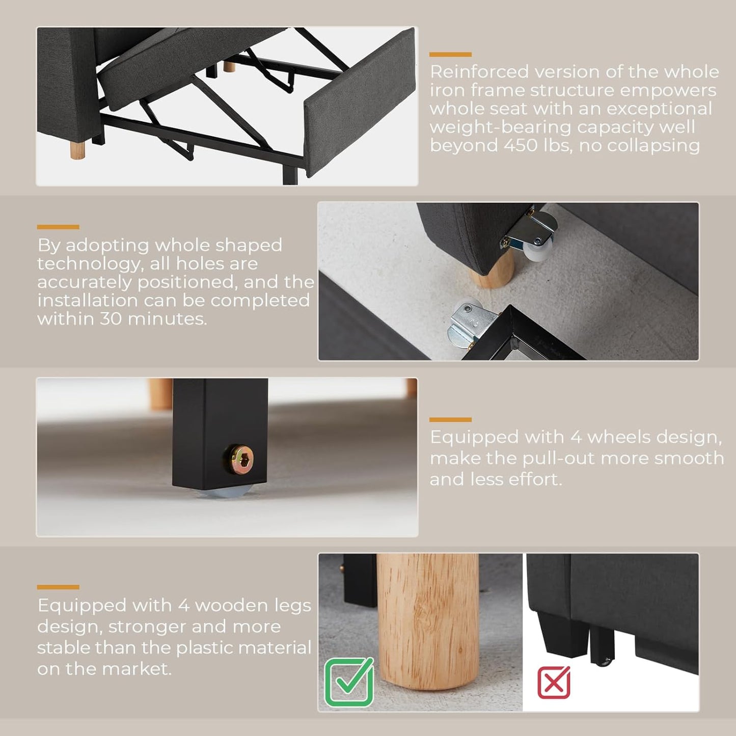 YODOLLA 36" Convertible Chair Bed, Modern Grey