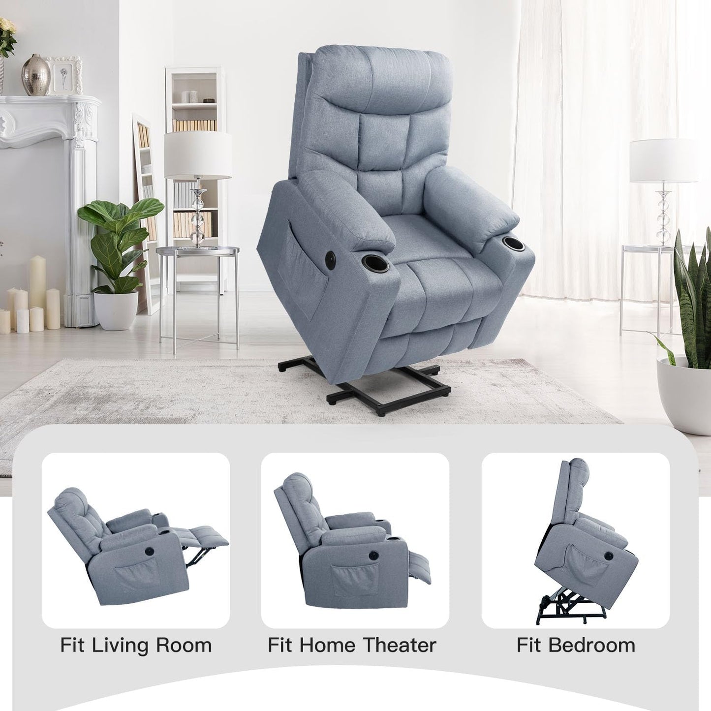 YODOLLA Massage Power Lift Recliner for Elderly, Linen Fabric, Grey