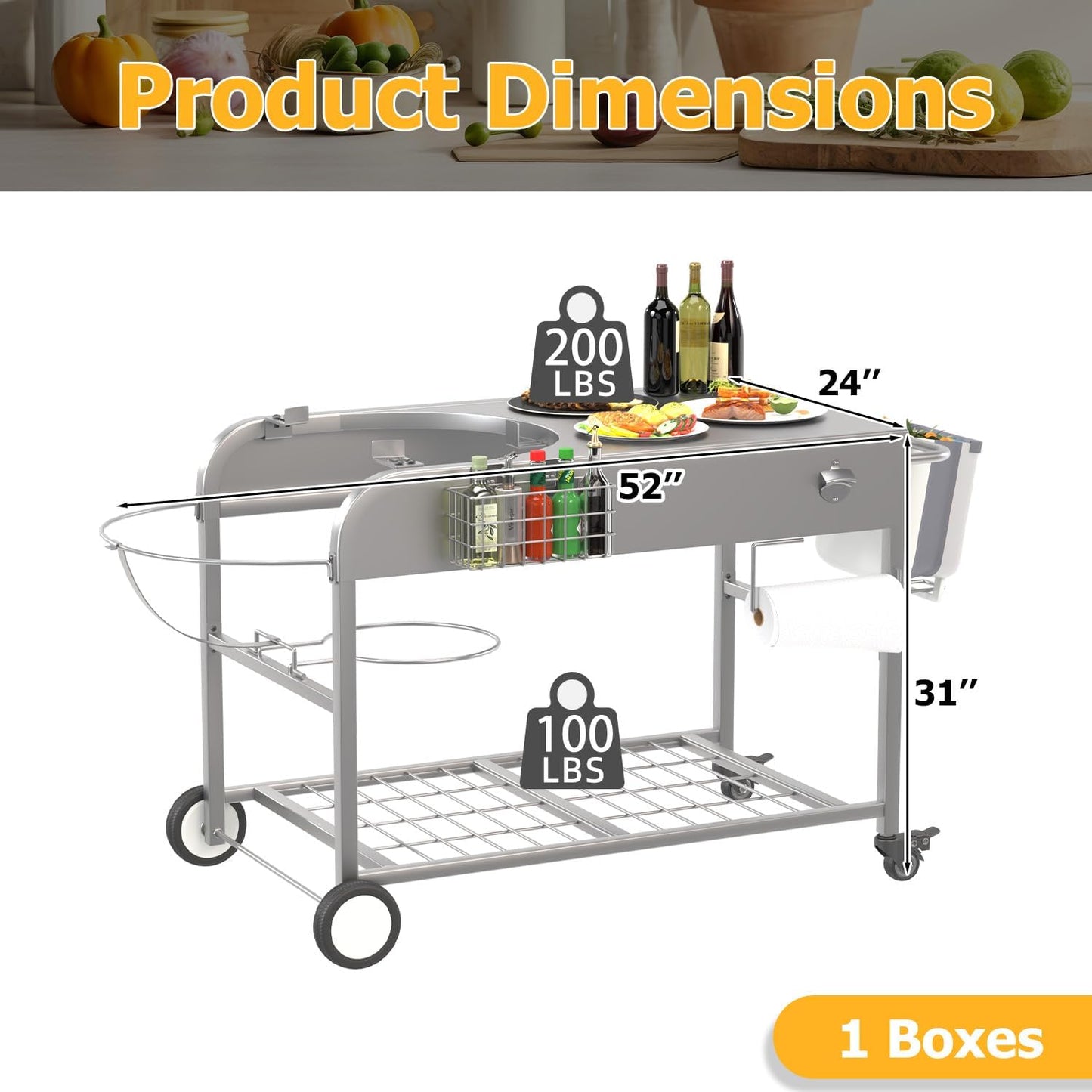 YODOLLA Outdoor Grill Cart with Wheels Kettle Grill Car, Silver