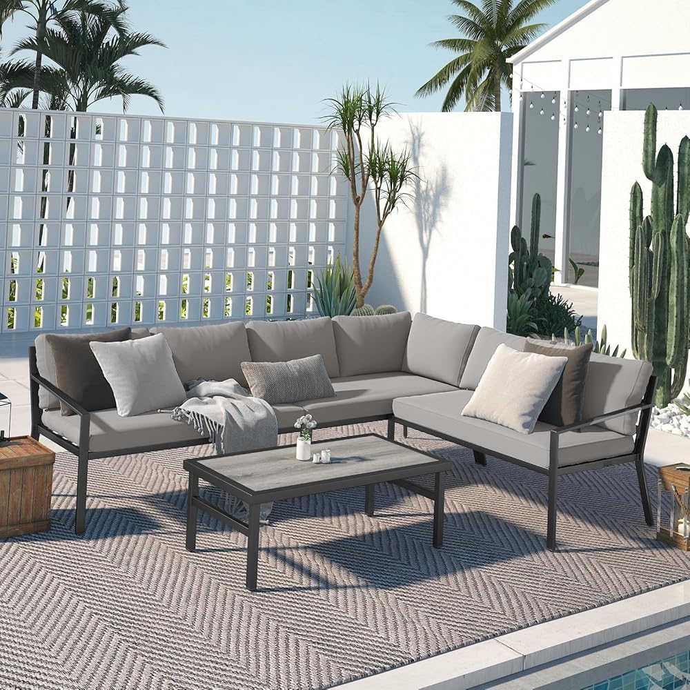 YODOLLA Modern Metal Patio Set, 7-Piece, Grey