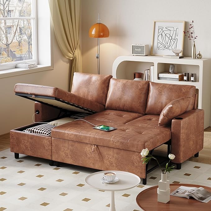 YODOLLA Faux Leather L-Shaped Sleeper Sofa, Pullout Bed, USB & Storage, Brown