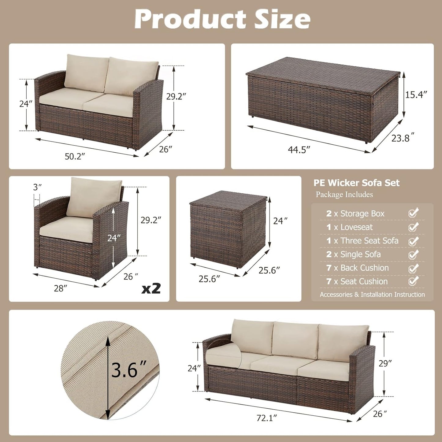YODOLLA 7 Pieces Patio Furniture with Two Storage Boxes, Brown & Beige