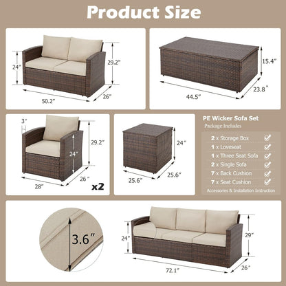YODOLLA 7 Pieces Patio Furniture with Two Storage Boxes, Brown & Beige