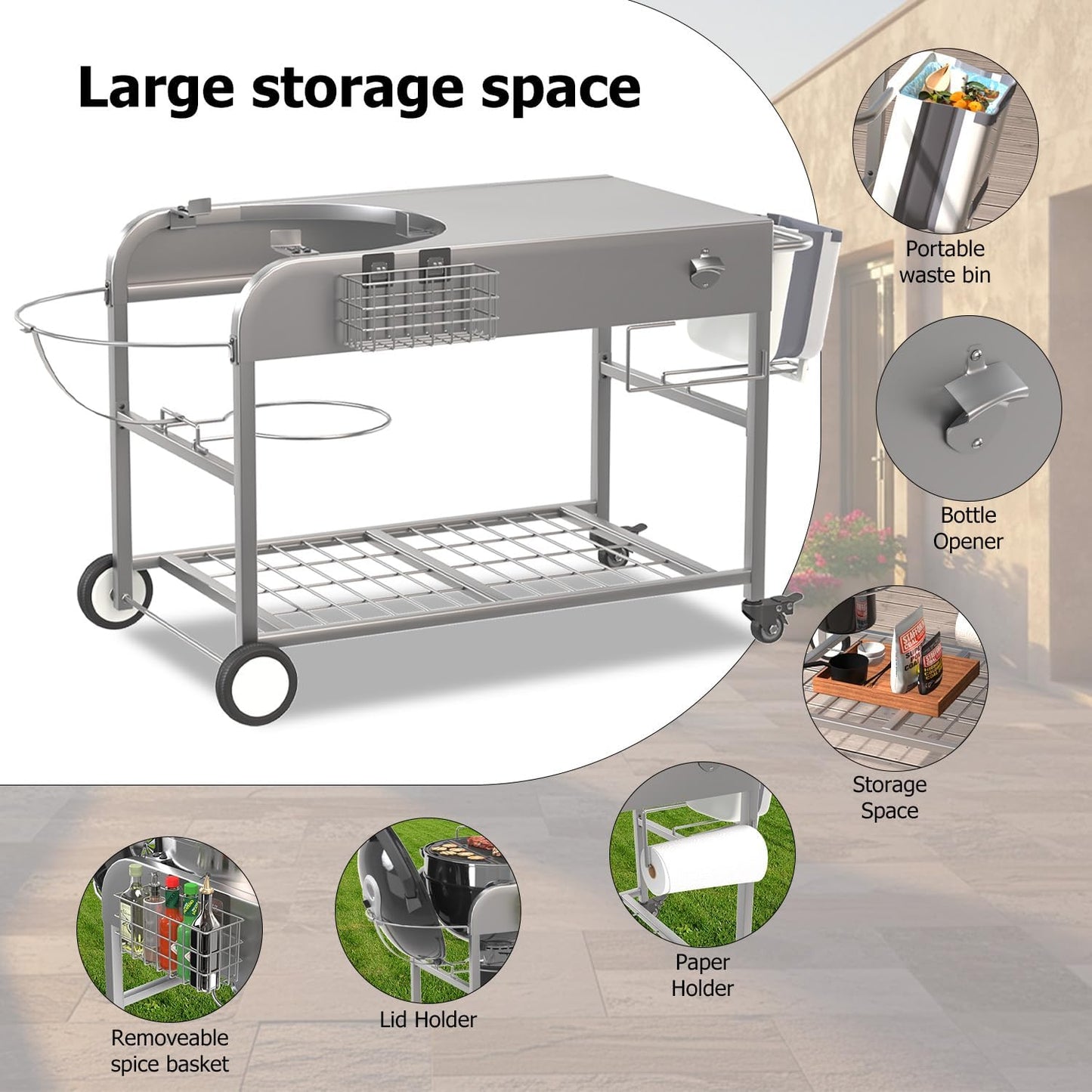 YODOLLA Outdoor Grill Cart with Wheels Kettle Grill Car, Silver