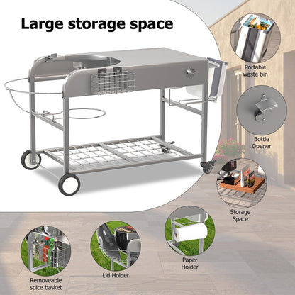 YODOLLA Outdoor Grill Cart with Wheels Kettle Grill Car, Silver