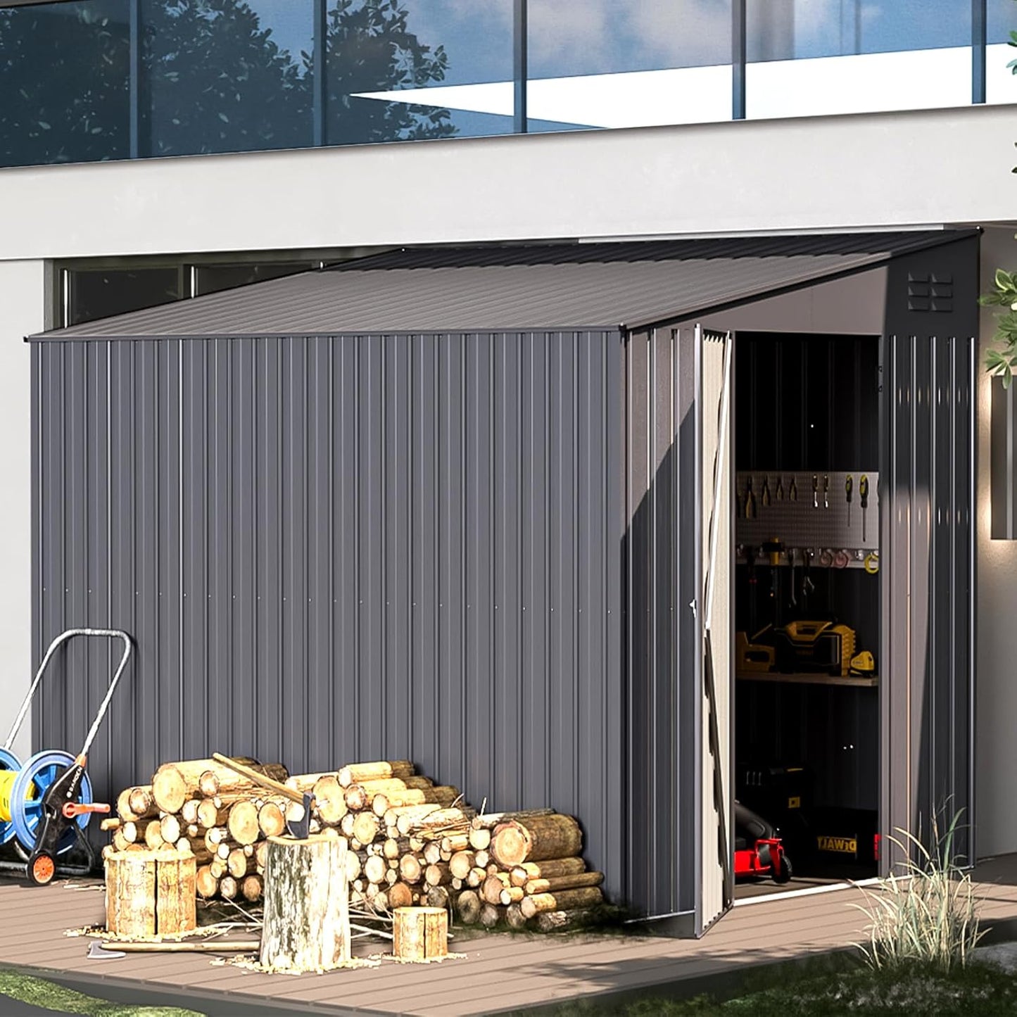 YODOLLA Outdoor 6' x 8' Metal Wall Side Lean to Storage Shed, Dark Gray