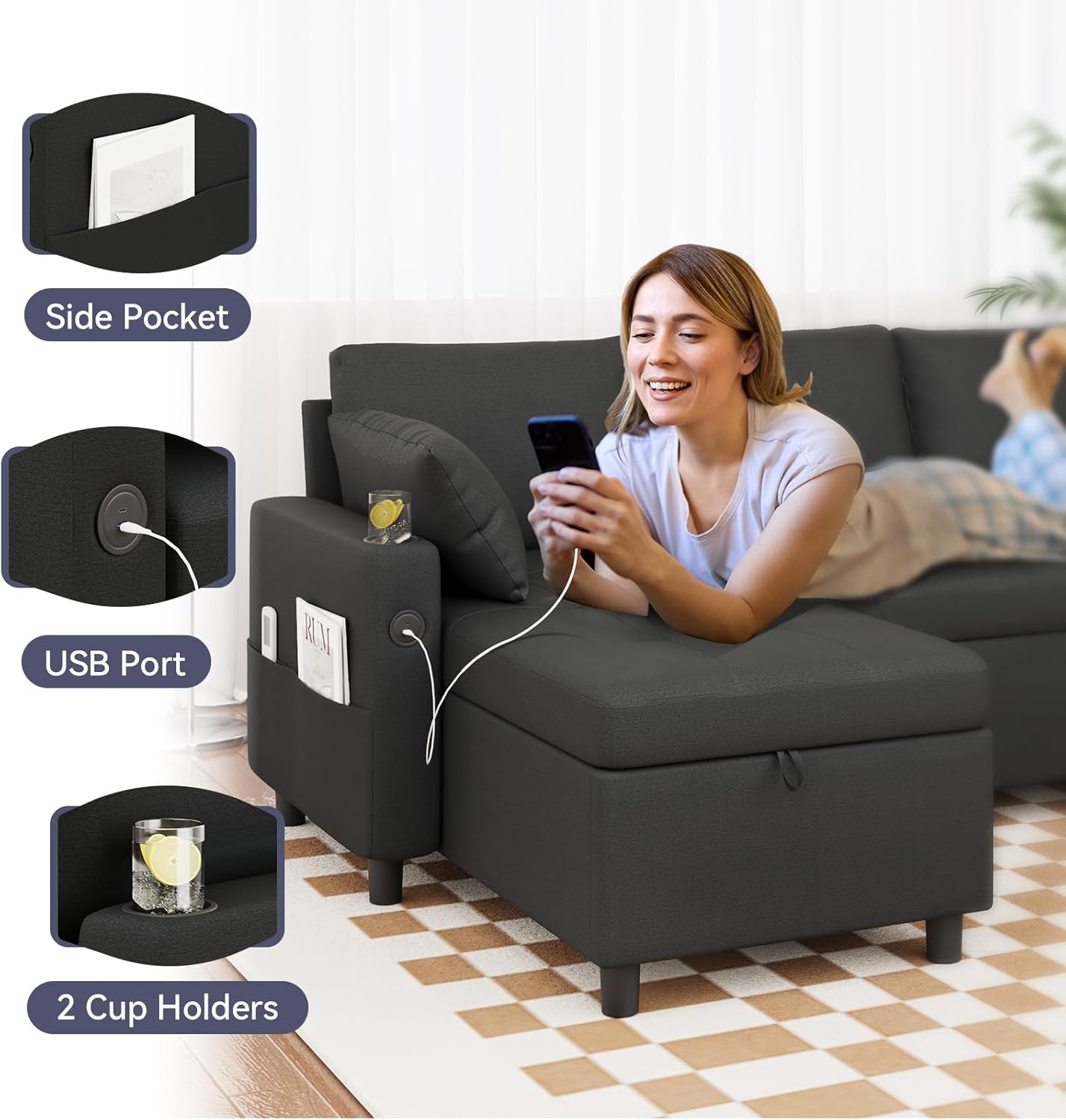 YODOLLA L-Shaped Sleeper Sofa, Pullout Bed, USB & Storage, Black