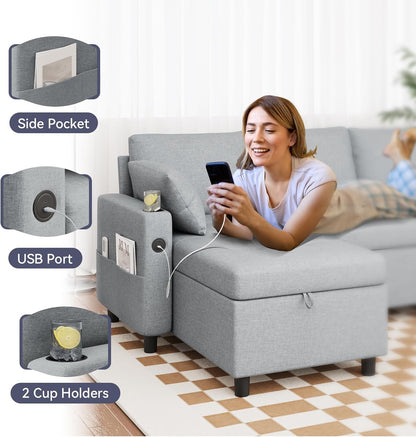 YODOLLA L-Shaped Sleeper Sofa, Pullout Bed, USB & Storage, Grey