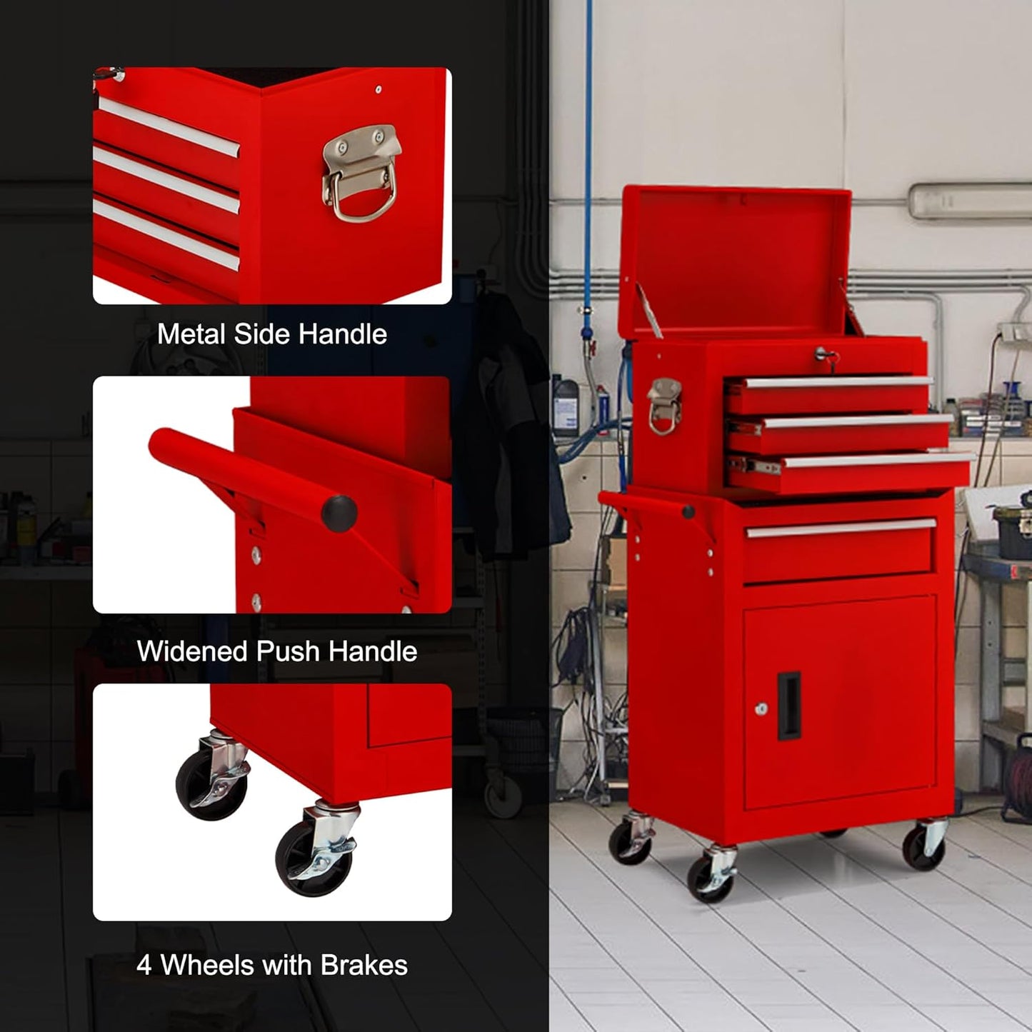 YODOLLA 4-Drawers Heavy Duty Tool Cart with Wheels, Red