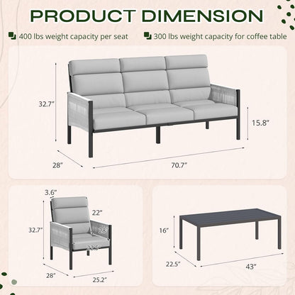 YODOLLA 4 Pieces Aluminum Patio Furniture Set with PE Rope Armrest, Light Grey