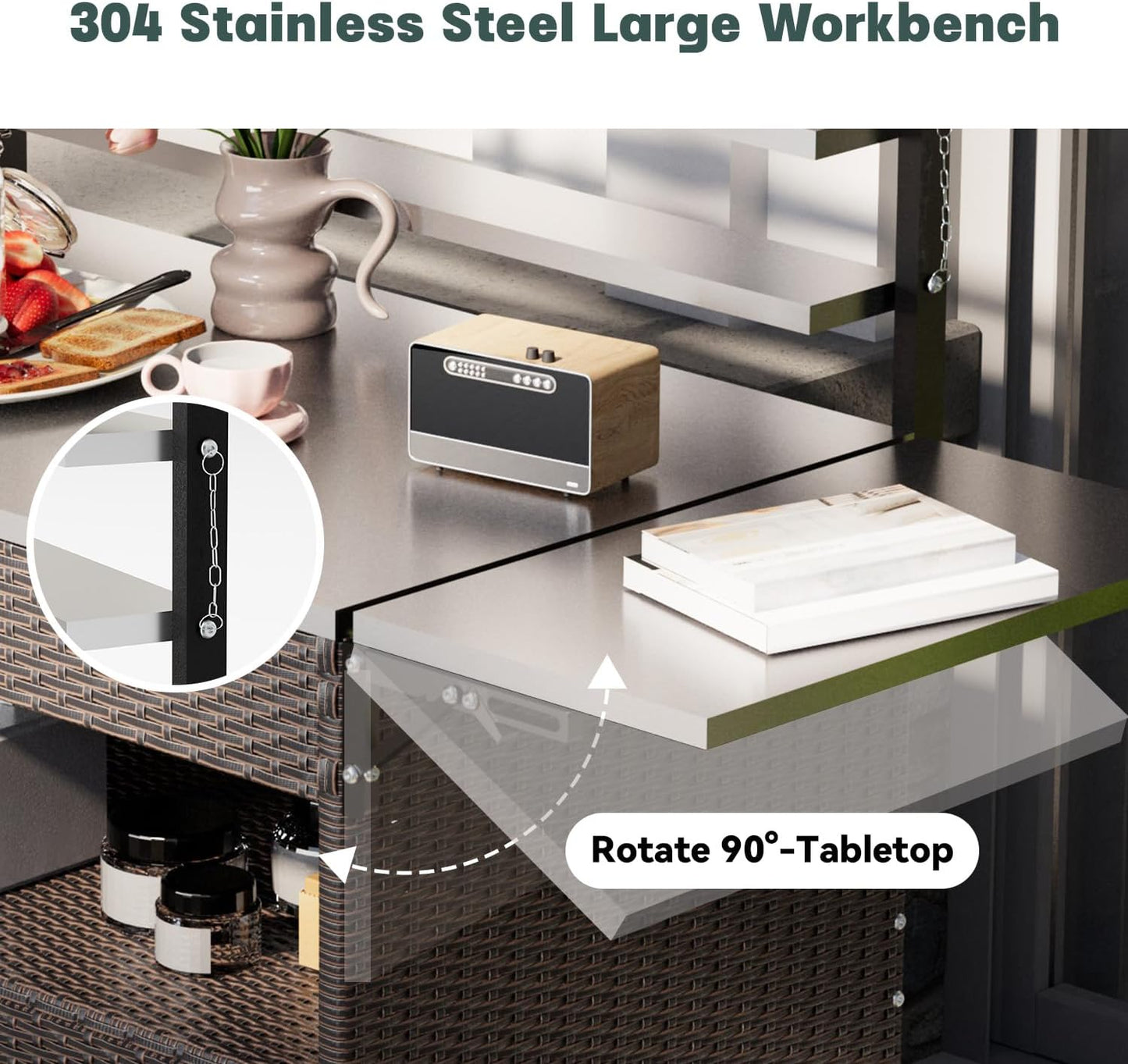 YODOLLA Outdoor Bar Cart with Rattan Storage Cabinet, Brown